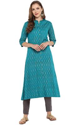 Janasya Cotton Foil Print A Line Kurta With Narrow Pant 1