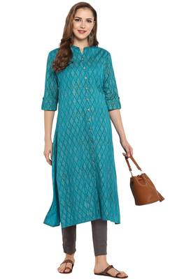 Janasya Cotton Foil Print A Line Kurta With Narrow Pant 2