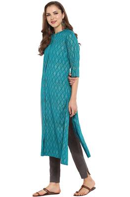 Janasya Cotton Foil Print A Line Kurta With Narrow Pant 3