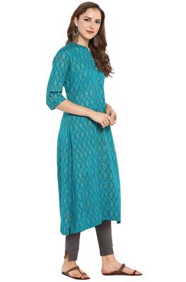 Janasya Cotton Foil Print A Line Kurta With Narrow Pant 4