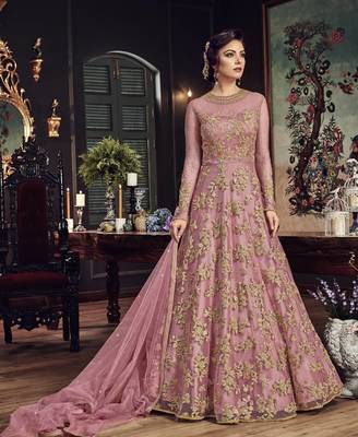 Pink Embroidered Net Salwar Semi Stitched 1