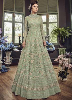 Parrot Green Embroidered Net Semi Stitched Salwar With Dupatta 1