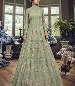 Parrot Green Embroidered Net Semi Stitched Salwar With Dupatta