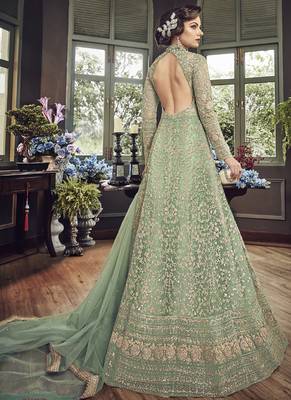 Parrot Green Embroidered Net Semi Stitched Salwar With Dupatta 2