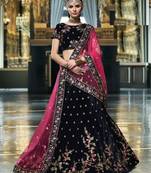 Navy Blue Embroidered Velvet Lehenga With Dupatta