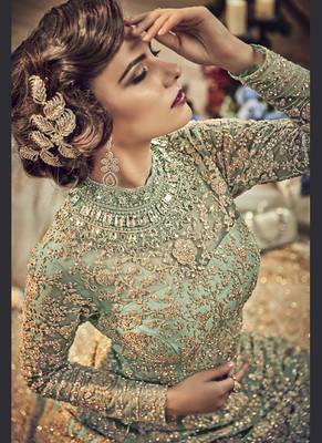 Parrot Green Embroidered Net Semi Stitched Salwar With Dupatta 3