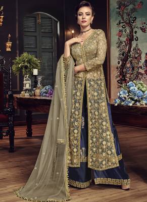 Beige Embroidered Net Semi Stitched Salwar With Dupatta 1