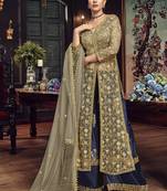 Beige Embroidered Net Semi Stitched Salwar With Dupatta