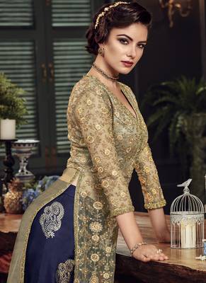 Beige Embroidered Net Semi Stitched Salwar With Dupatta 2