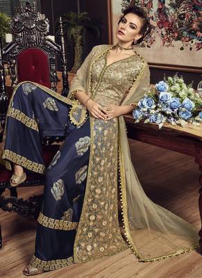 Beige Embroidered Net Semi Stitched Salwar With Dupatta 3