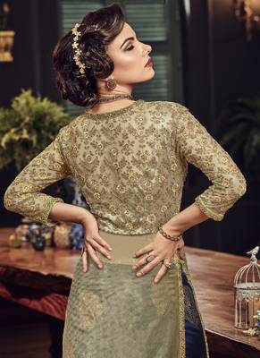 Beige Embroidered Net Semi Stitched Salwar With Dupatta 4