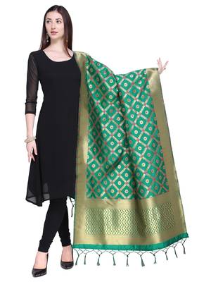 Green Color Poly Silk Banarasi Print Women'S Dupatta 1