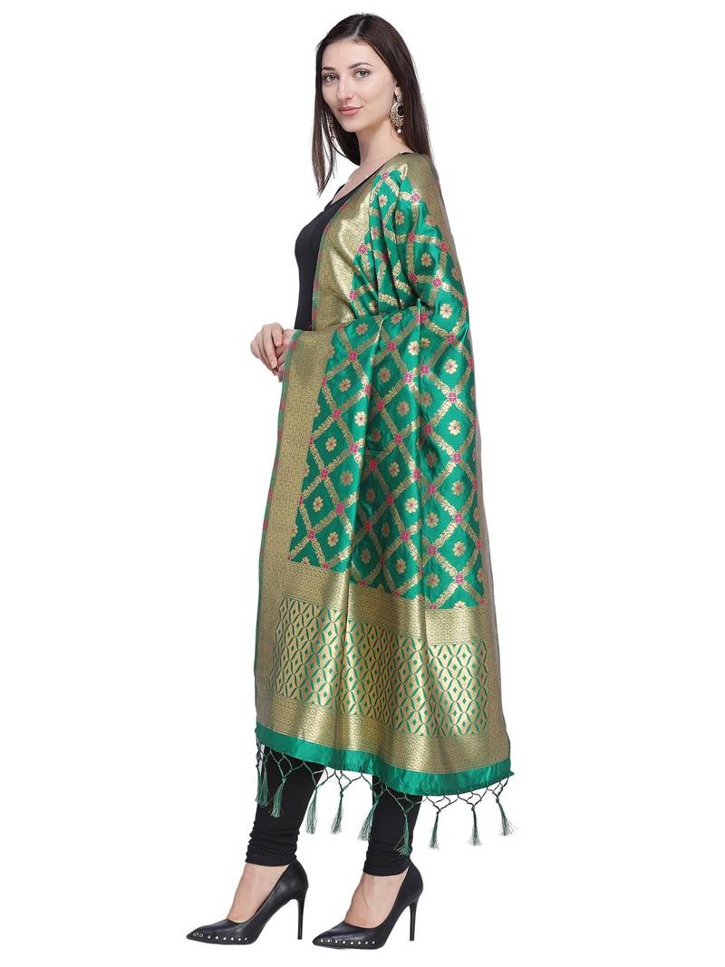 Green Color Poly Silk Banarasi Print Women'S Dupatta