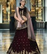 Coffee Embroidered Velvet Lehenga With Dupatta