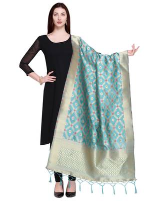Blue Color Poly Silk Banarasi Print Women'S Dupatta 1