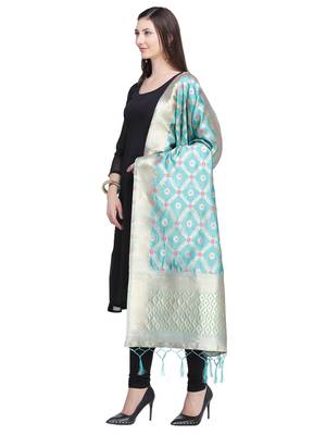 Blue Color Poly Silk Banarasi Print Women'S Dupatta 2