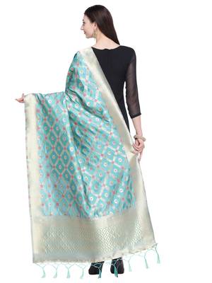 Blue Color Poly Silk Banarasi Print Women'S Dupatta 3