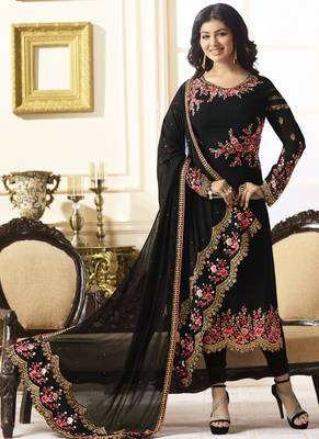 Black embroidered georgette semi stitched salwar with dupatta 1