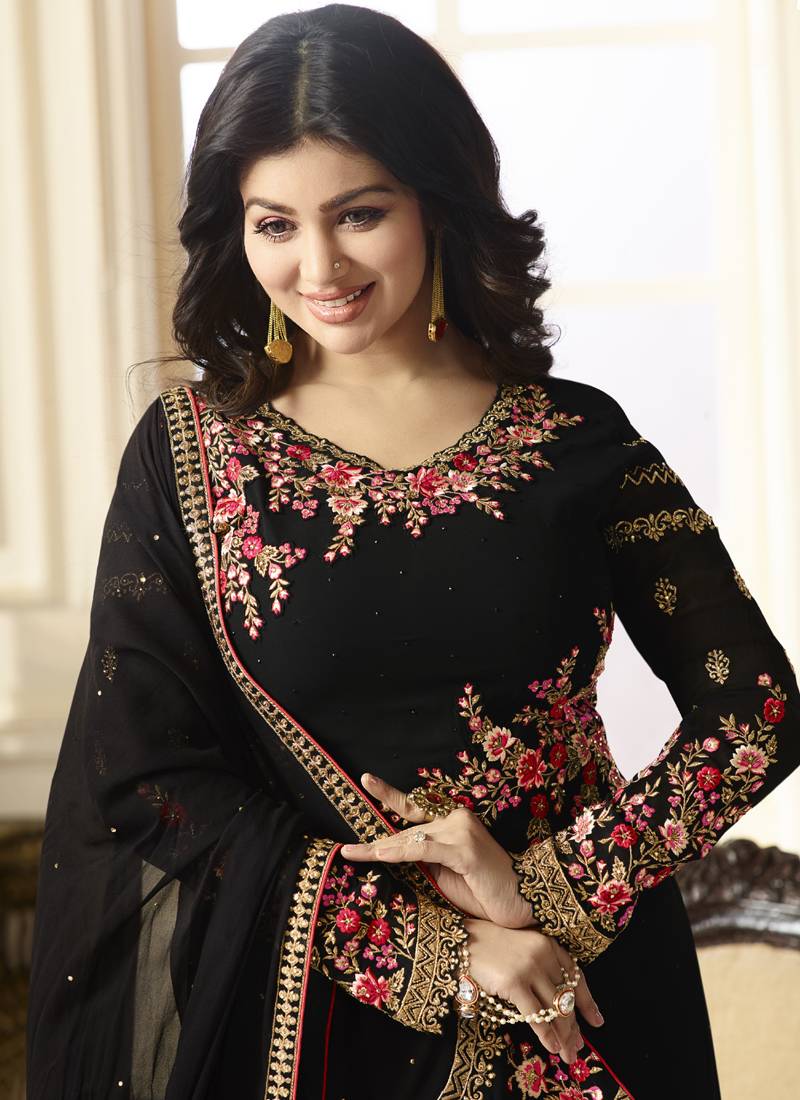 Black embroidered georgette semi stitched salwar with dupatta