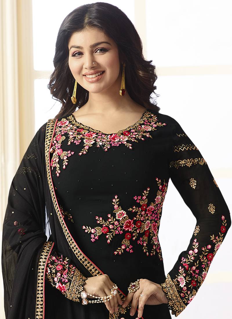 Black embroidered georgette semi stitched salwar with dupatta