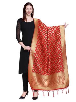 Red Color Poly Silk Banarasi Print Women's Dupatta 1