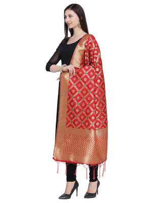 Red Color Poly Silk Banarasi Print Women's Dupatta 2