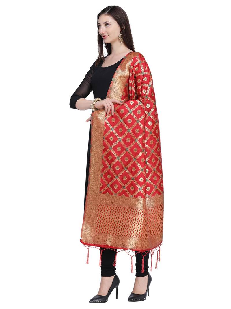 Red Color Poly Silk Banarasi Print Women's Dupatta