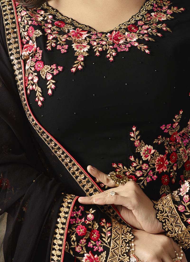 Black embroidered georgette semi stitched salwar with dupatta