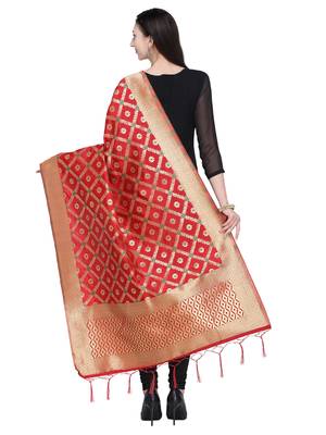 Red Color Poly Silk Banarasi Print Women's Dupatta 3