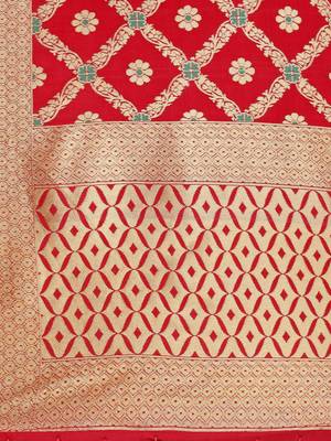 Red Color Poly Silk Banarasi Print Women's Dupatta 4