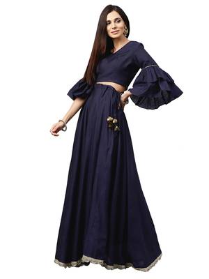 Inddus Navy Blue Chanderi Cotton Solid Unstitched Top And Navy Blue Chanderi Cotton Semi Stitched Skirt With Dupatta 1