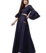 Inddus Navy Blue Chanderi Cotton Solid Unstitched Top And Navy Blue Chanderi Cotton Semi Stitched Skirt With Dupatta