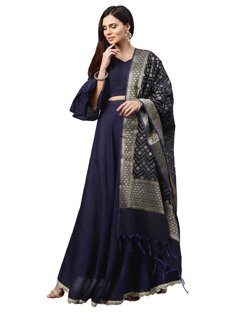 Inddus Navy Blue Chanderi Cotton Solid Unstitched Top And Navy Blue Chanderi Cotton Semi Stitched Skirt With Dupatta