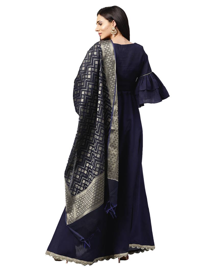 Inddus Navy Blue Chanderi Cotton Solid Unstitched Top And Navy Blue Chanderi Cotton Semi Stitched Skirt With Dupatta