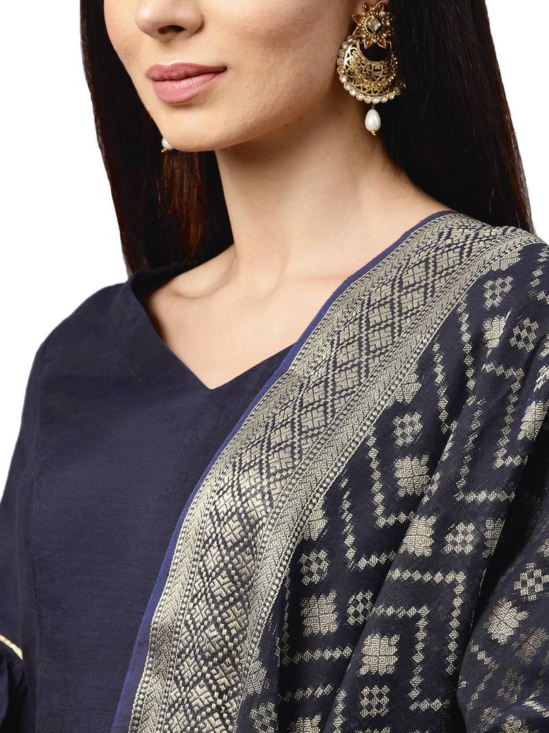 Inddus Navy Blue Chanderi Cotton Solid Unstitched Top And Navy Blue Chanderi Cotton Semi Stitched Skirt With Dupatta