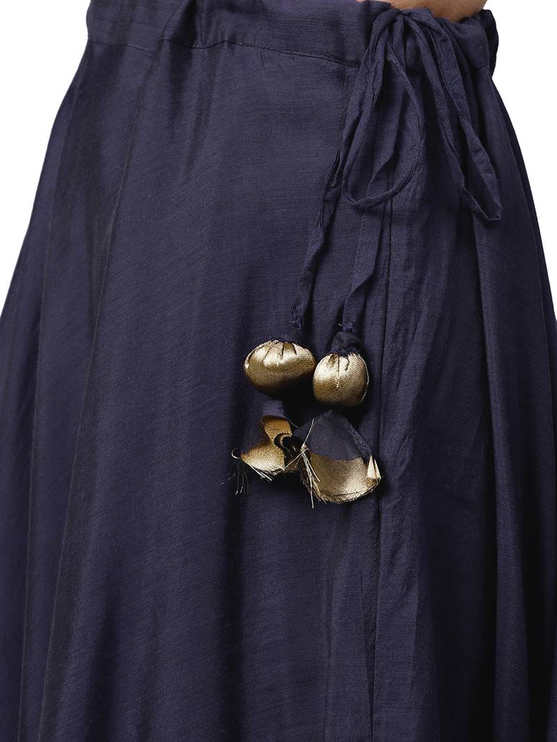 Inddus Navy Blue Chanderi Cotton Solid Unstitched Top And Navy Blue Chanderi Cotton Semi Stitched Skirt With Dupatta