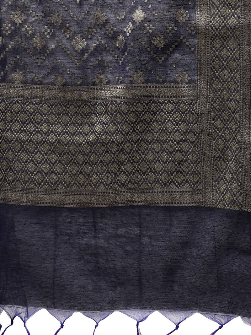 Inddus Navy Blue Chanderi Cotton Solid Unstitched Top And Navy Blue Chanderi Cotton Semi Stitched Skirt With Dupatta