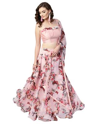 Inddus Pink Art Silk Solid Unstitched Top And Pink Chiffon Floral Printed Semi Stitched Skirt With Chiffon Dupatta 1
