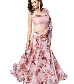 Inddus Pink Art Silk Solid Unstitched Top And Pink Chiffon Floral Printed Semi Stitched Skirt With Chiffon Dupatta