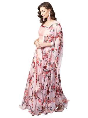 Inddus Pink Art Silk Solid Unstitched Top And Pink Chiffon Floral Printed Semi Stitched Skirt With Chiffon Dupatta 2