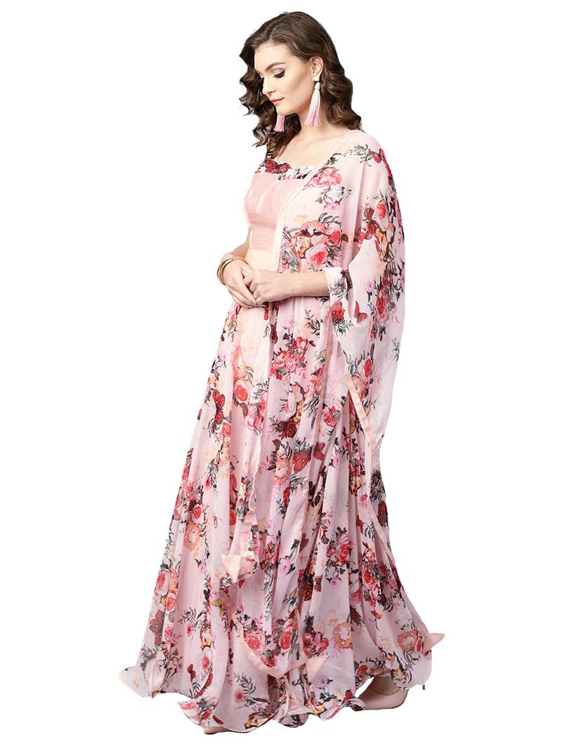 Inddus Pink Art Silk Solid Unstitched Top And Pink Chiffon Floral Printed Semi Stitched Skirt With Chiffon Dupatta