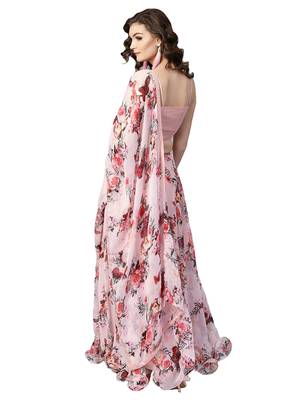Inddus Pink Art Silk Solid Unstitched Top And Pink Chiffon Floral Printed Semi Stitched Skirt With Chiffon Dupatta 3