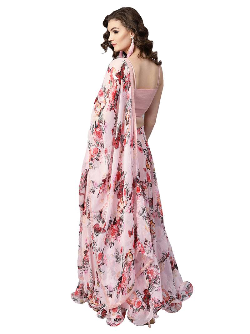 Inddus Pink Art Silk Solid Unstitched Top And Pink Chiffon Floral Printed Semi Stitched Skirt With Chiffon Dupatta