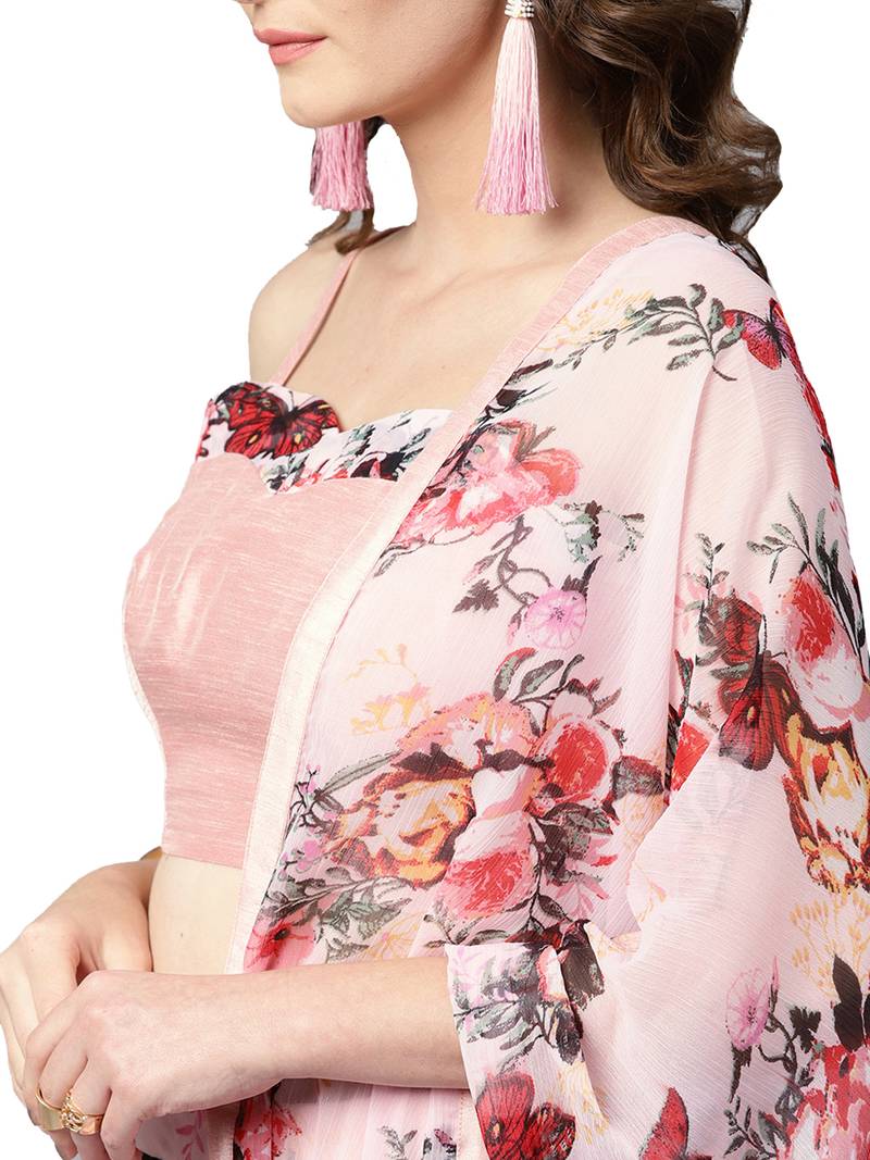 Inddus Pink Art Silk Solid Unstitched Top And Pink Chiffon Floral Printed Semi Stitched Skirt With Chiffon Dupatta