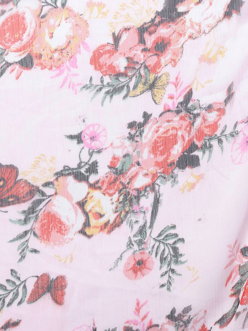 Inddus Pink Art Silk Solid Unstitched Top And Pink Chiffon Floral Printed Semi Stitched Skirt With Chiffon Dupatta