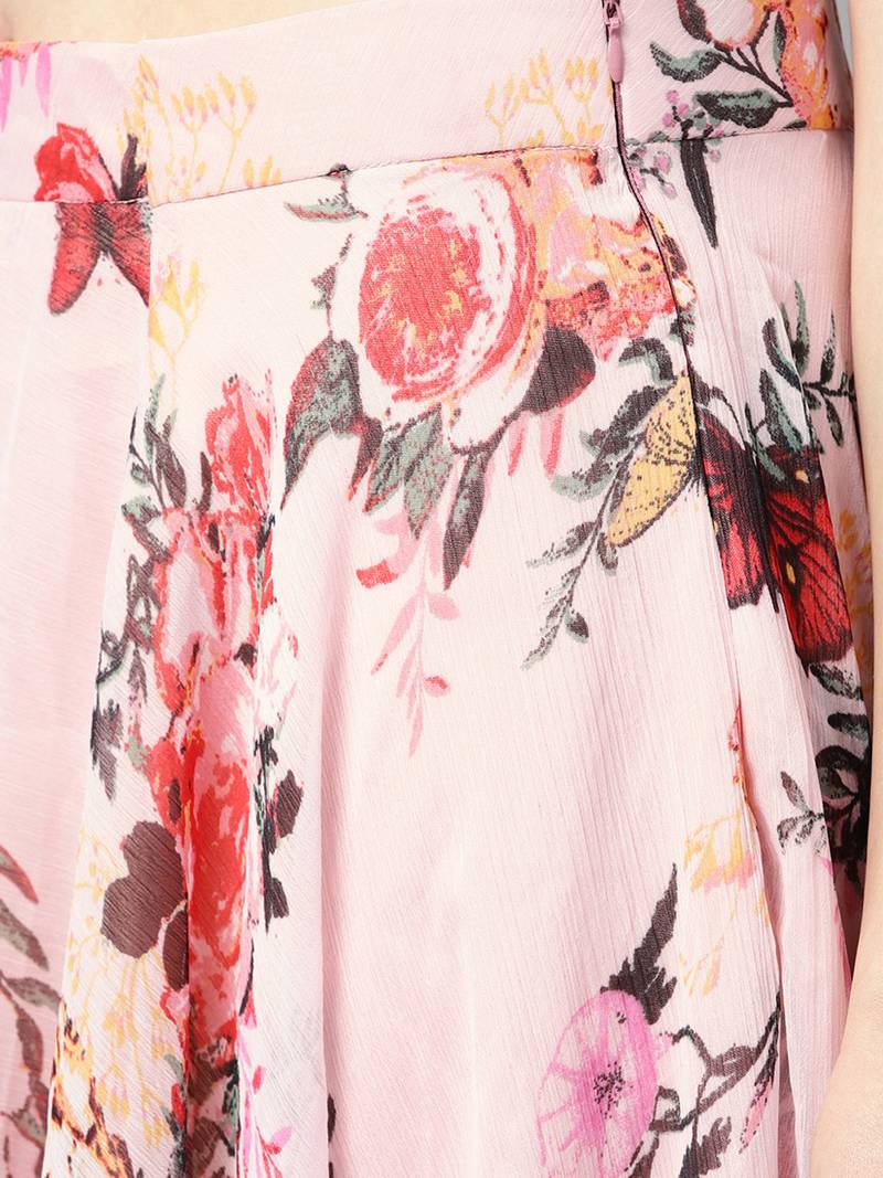 Inddus Pink Art Silk Solid Unstitched Top And Pink Chiffon Floral Printed Semi Stitched Skirt With Chiffon Dupatta