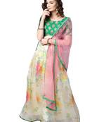 Inddus Green Brocade Self Design Unstitched Top And Off White Organza Printed Semi Stitched Skirt With Solid Net Dupatta