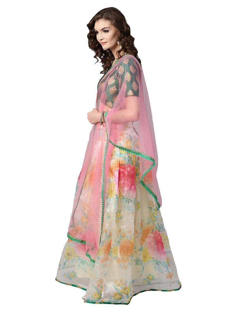 Inddus Green Brocade Self Design Unstitched Top And Off White Organza Printed Semi Stitched Skirt With Solid Net Dupatta