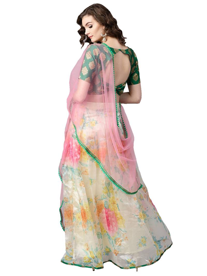 Inddus Green Brocade Self Design Unstitched Top And Off White Organza Printed Semi Stitched Skirt With Solid Net Dupatta