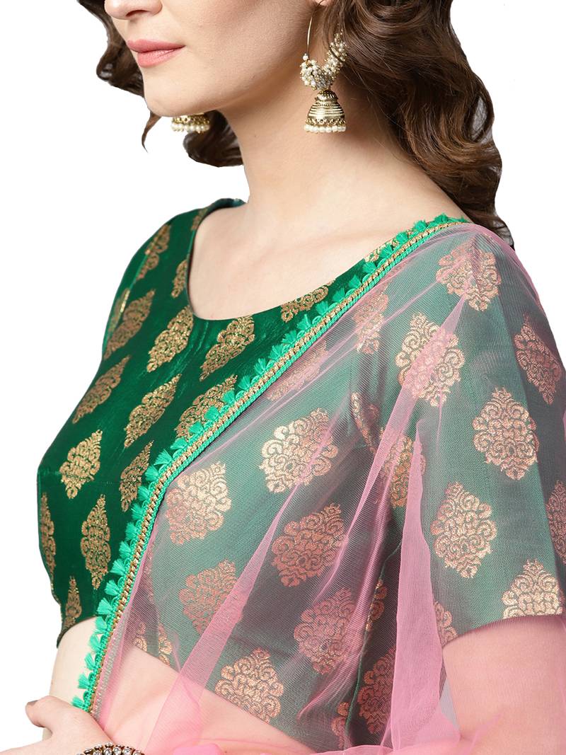 Inddus Green Brocade Self Design Unstitched Top And Off White Organza Printed Semi Stitched Skirt With Solid Net Dupatta